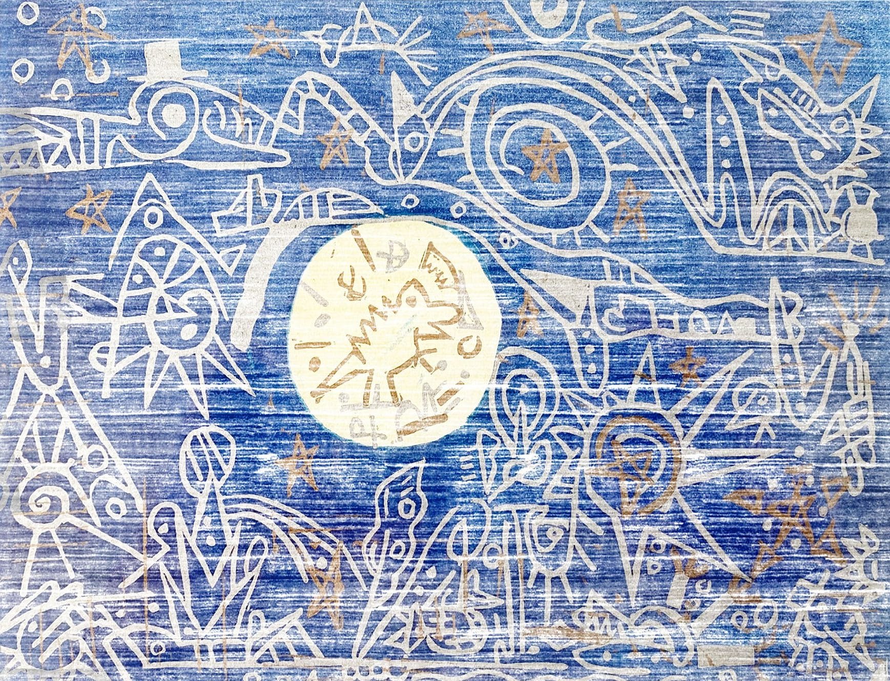 A blue abstract painting featuring a large white circle in the center surrounded by intricate white line drawings of various abstract figures and symbols. Small stars are scattered across the background.