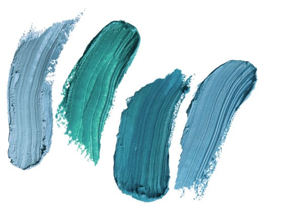 Four brush strokes of paint in varying shades of blue and green on a white background. The textures are smooth and slightly ridged, showing different hues from light blue to teal.