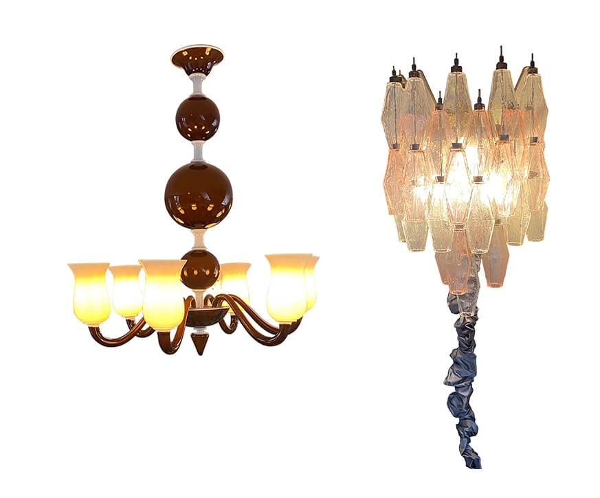 Two chandeliers are displayed. The left one is vintage with a brown stem and six curved arms holding tulip-shaped lamps. The right one is modern, featuring clustered, geometric glass pieces with a spiral stem below. Both are illuminated.